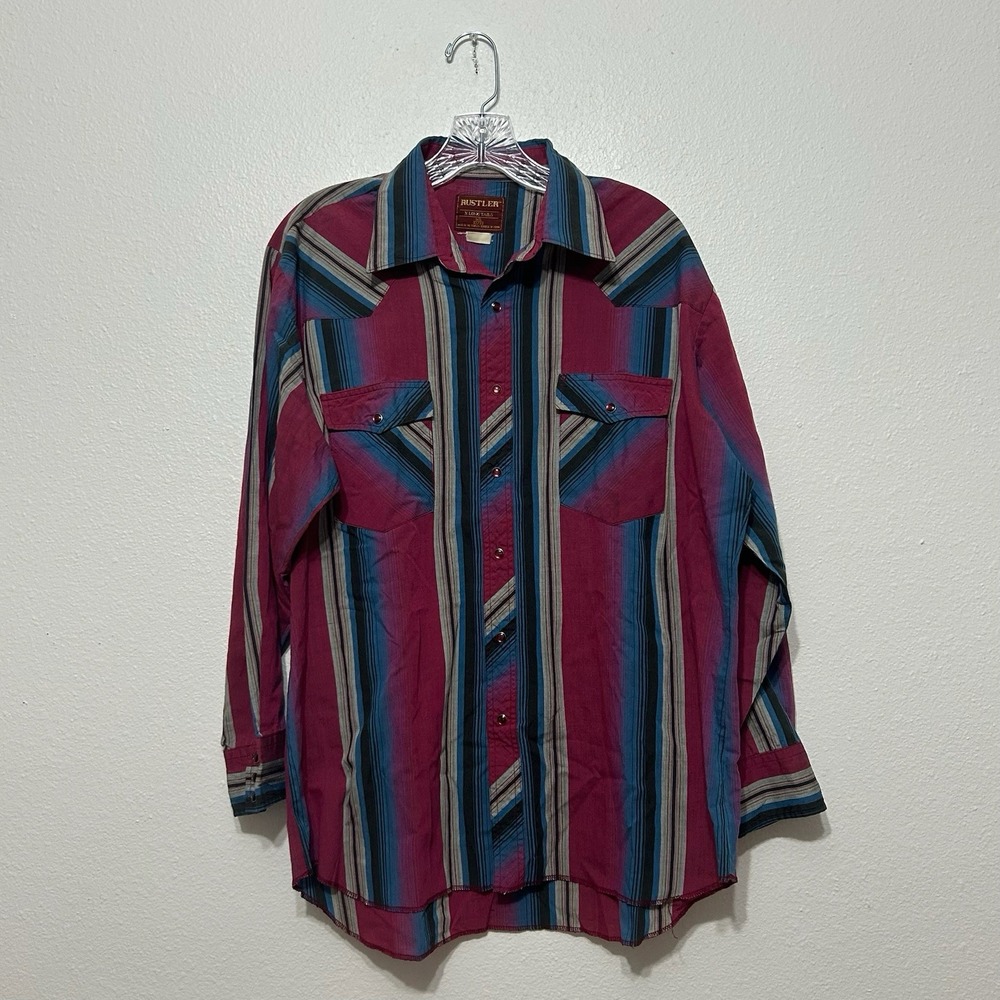 Rustler Striped Vintage‎ Long Sleeve Shirt Mens Size L 16.5 32/33 X-Long Tails
